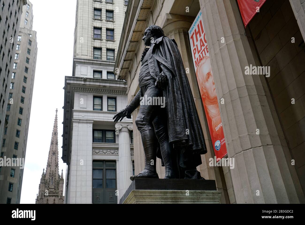 Statue of George Washington by American sculptor John Quincy Adams Ward in front of Federal Hall National Memorial.Wall Street.Lower Manhattan.New York City.USA Stock Photo