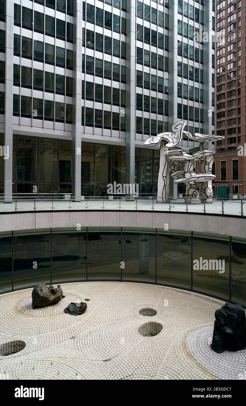 The sculpture of Group of Four Trees by Jean Dubuffet and the Sunken Garden designed by Isamu Noguchi in One Chase Manhattan Plaza aka 28 Liberty Street.Lower Manhattan.New York City.USA Stock Photo