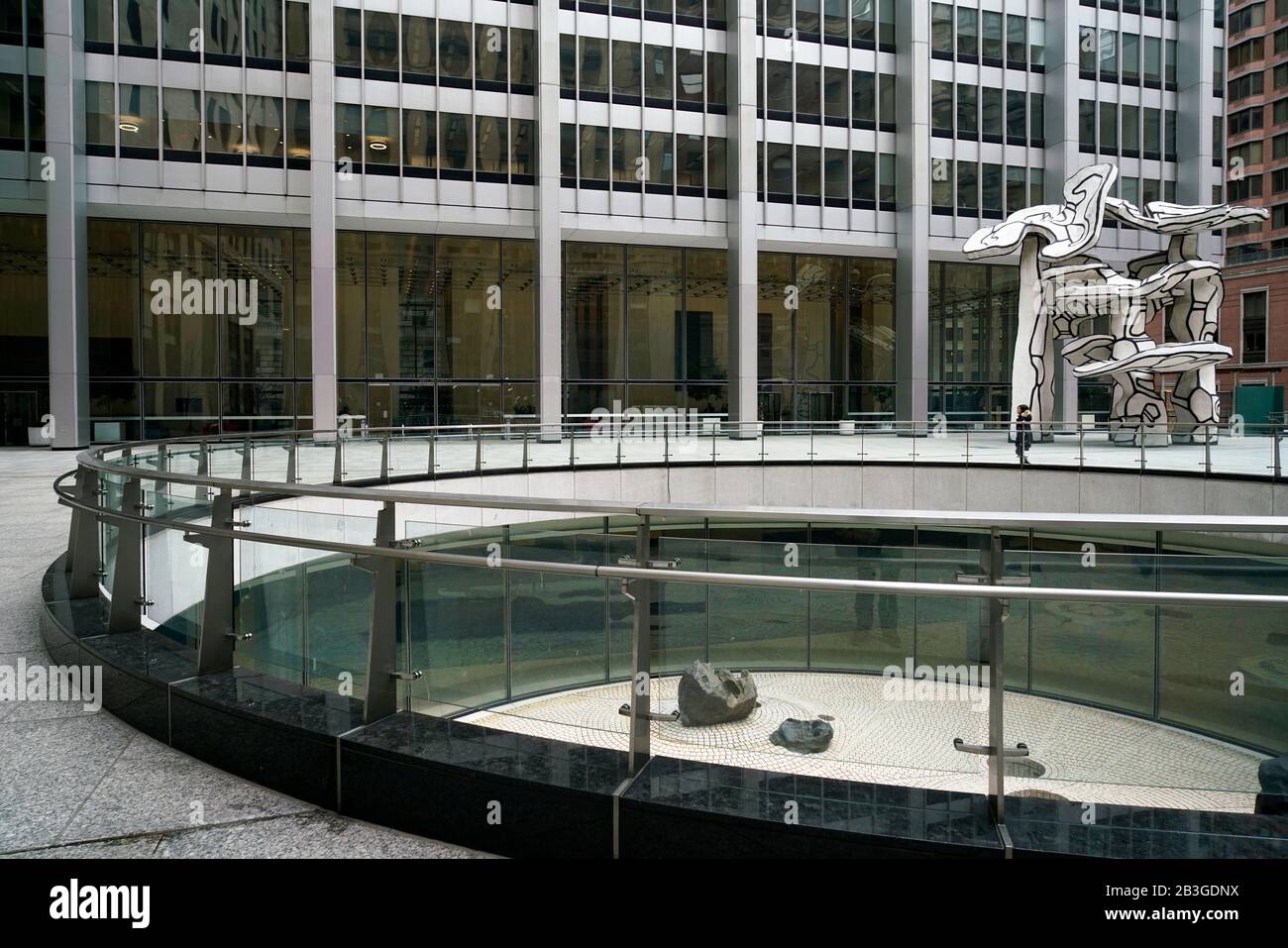 The sculpture of Group of Four Trees by Jean Dubuffet and the Sunken Garden designed by Isamu Noguchi in One Chase Manhattan Plaza aka 28 Liberty Street.Lower Manhattan.New York City.USA Stock Photo
