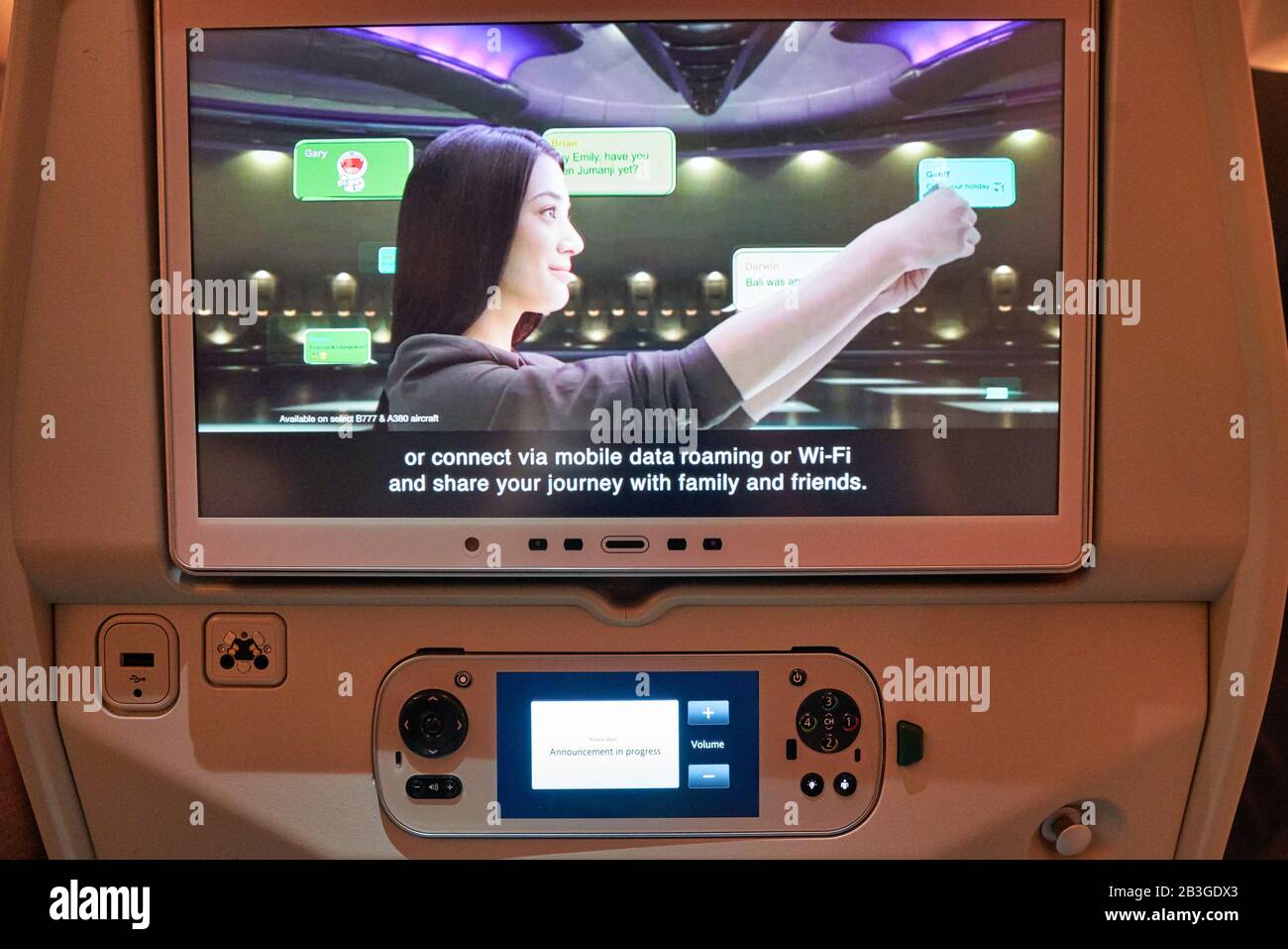 DUBAI, UAE - CIRCA JANUARY 2019: close up shot of a seat-back screen ...