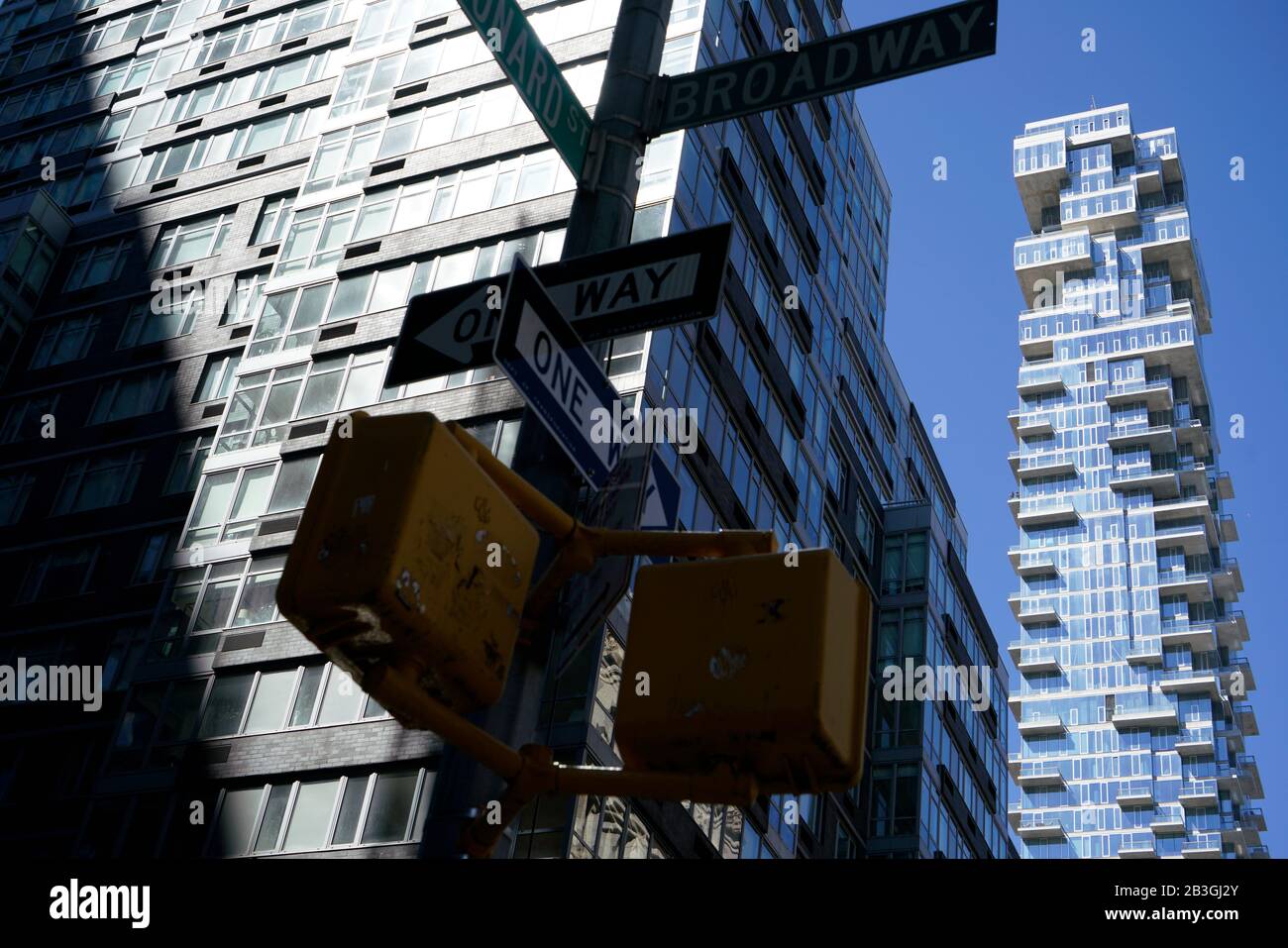 View of 56 Leonard Street a luxury high-rise condominium in Leonard Street in Tribeca with street sings.Lower Manhattan.New York City.USA Stock Photo