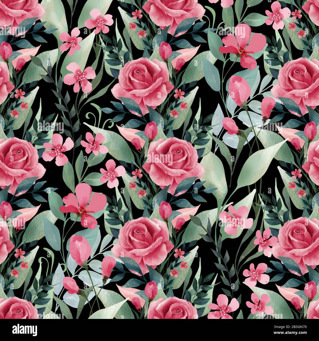 Seamless floral pattern with pink roses on black background Stock Photo ...