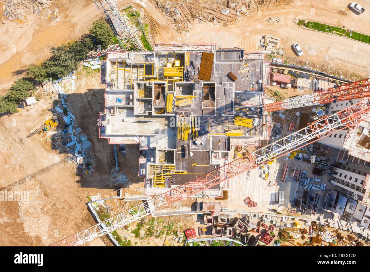 Large residential building construction site, Aerial image. Stock Photo