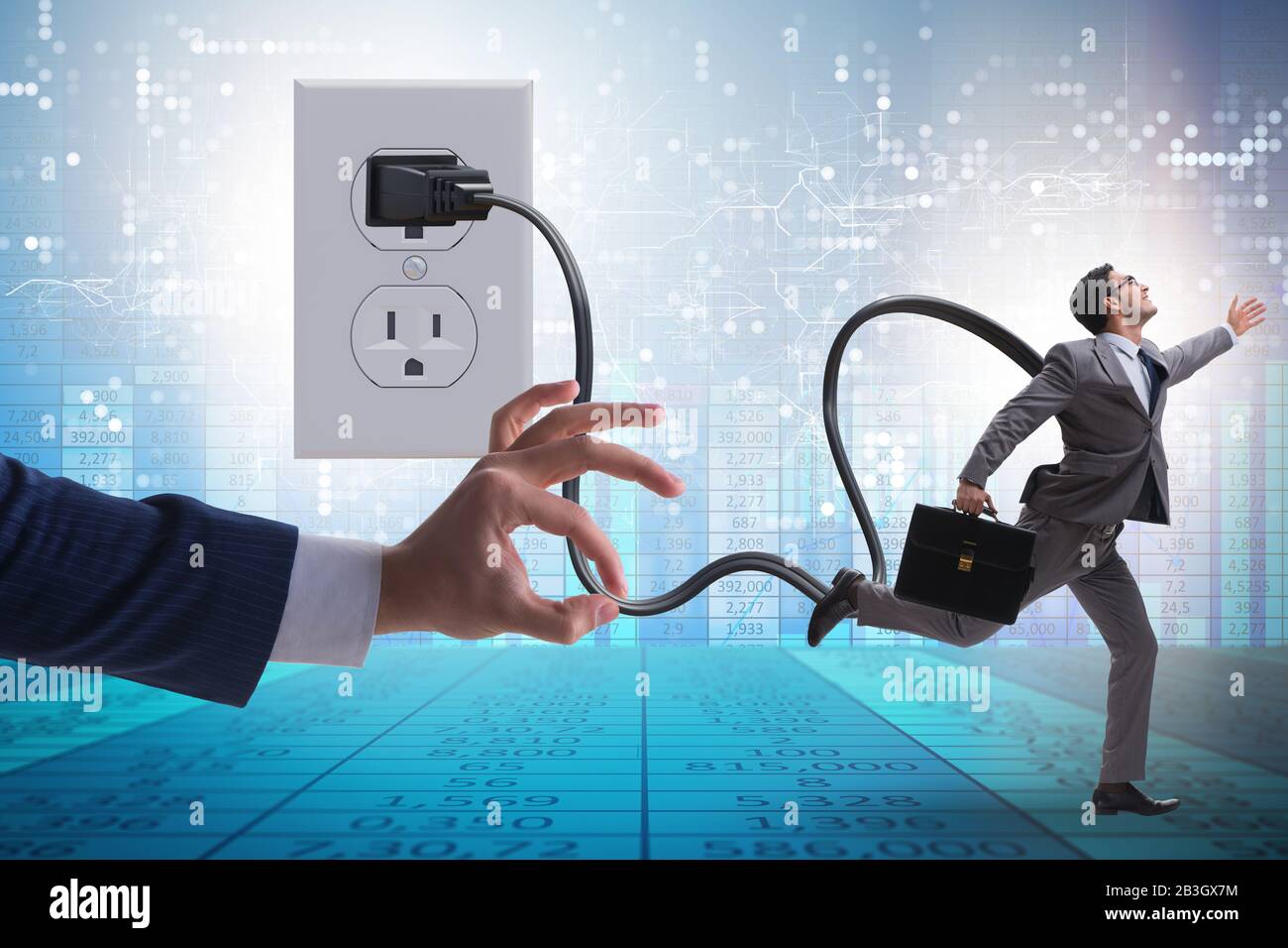 The businessman being powered by electricity and plug Stock Photo Alamy