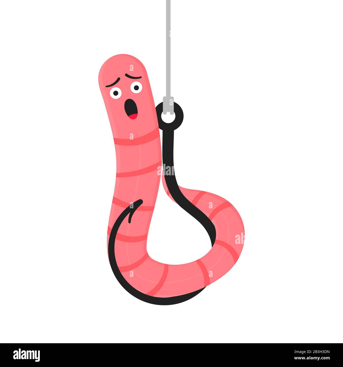 Earthworm cartoon character icon sigh. Worm with face expression smilling on the hook flat style design vector illustration isolated on white backgrou Stock Vector