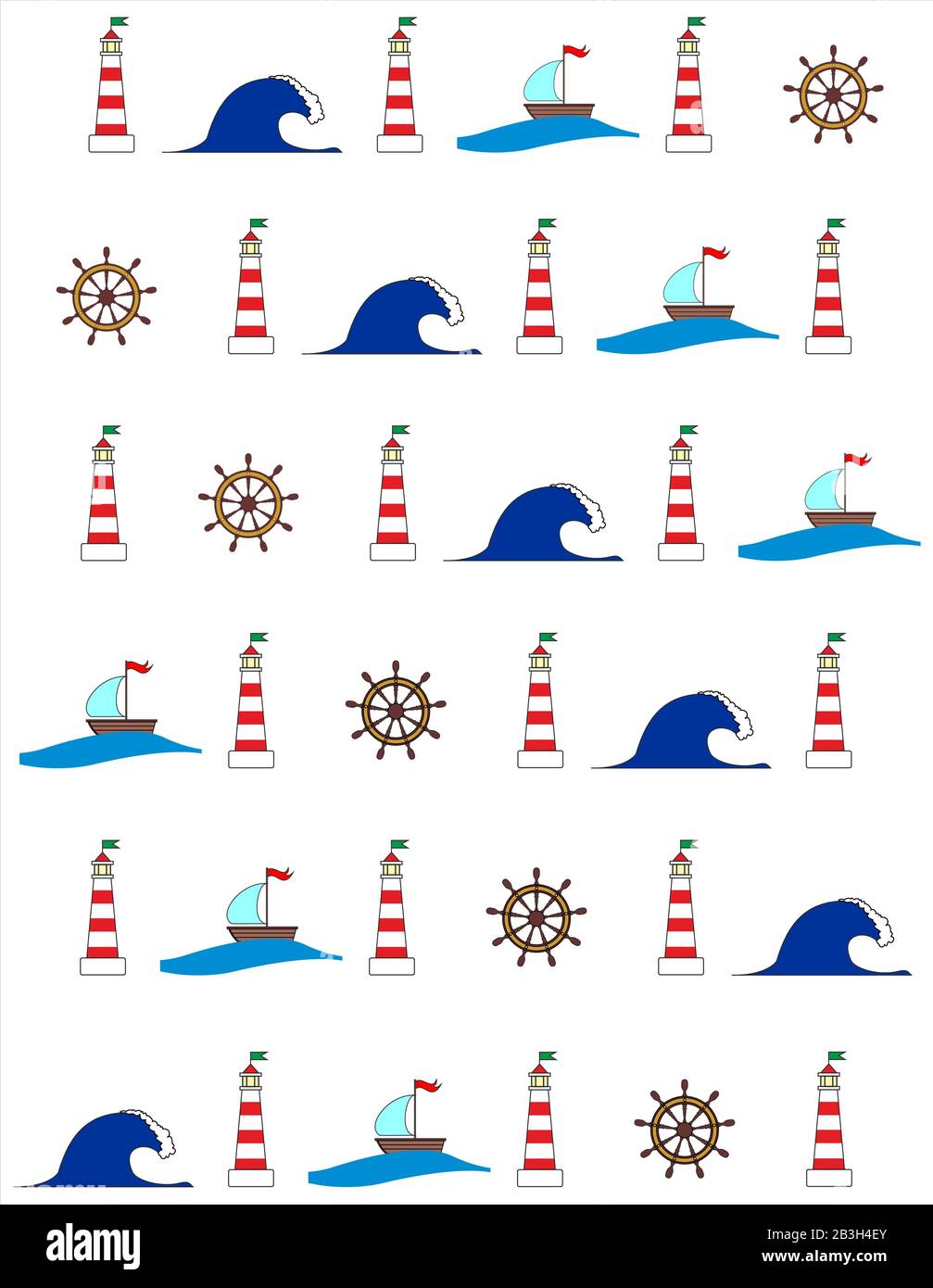 Seamless pattern, marine theme. Lighthouse, ship, wave, steering wheel Stock Vector