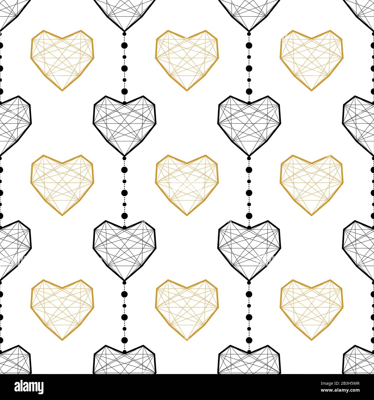 Abstract Vector Seamless Geometric Pattern Of Golden Hearts And Black Hearts Connected By Vertical Stripes Of Round Beads. Stock Vector