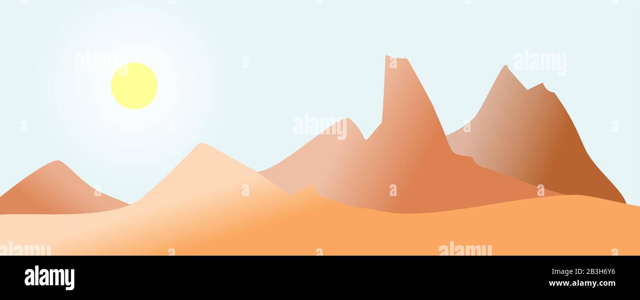 The sun over the brown and red rocks in the desert. Sand, dune, cloudless sky. Stock Vector
