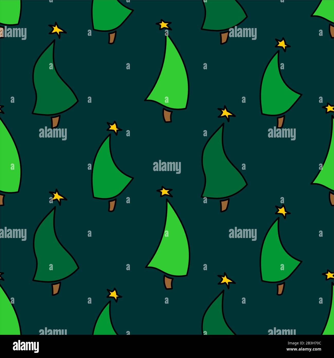 Seamless Pattern Of Dancing Christmas Trees Decorated With Stars. New Year. Green Spruce On A Dark Background. For Decoration, Textile, Fabric, Wrappi Stock Vector