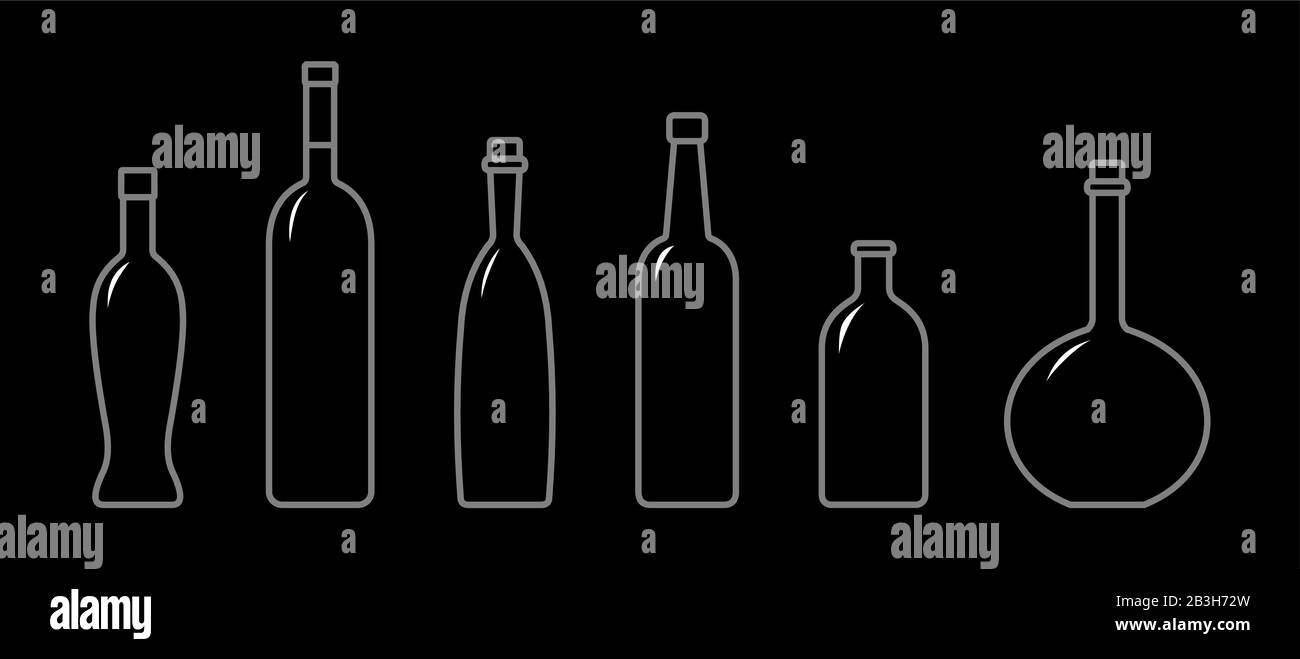 Set Of Bottles Of Different Shapes With A Narrow Neck. Glass Bottles For Various Drinks; Different Liquids. Vector Image On A Black Background. Stock Vector
