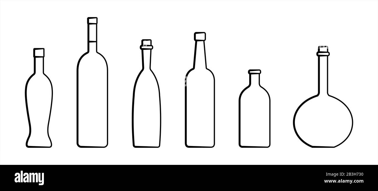 Set Of Bottles Of Different Shapes With A Narrow Neck. Glass Bottles For Various Drinks; Different Liquids. Vector Image Isolated On A White Backgroun Stock Vector