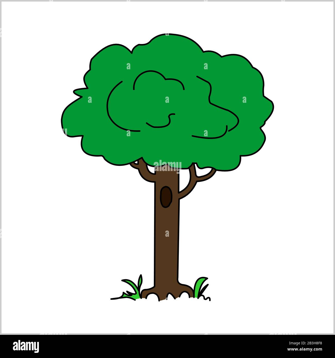 Tree With Hollow, Roots and Grass Near the Roots. Vector Image Isolated