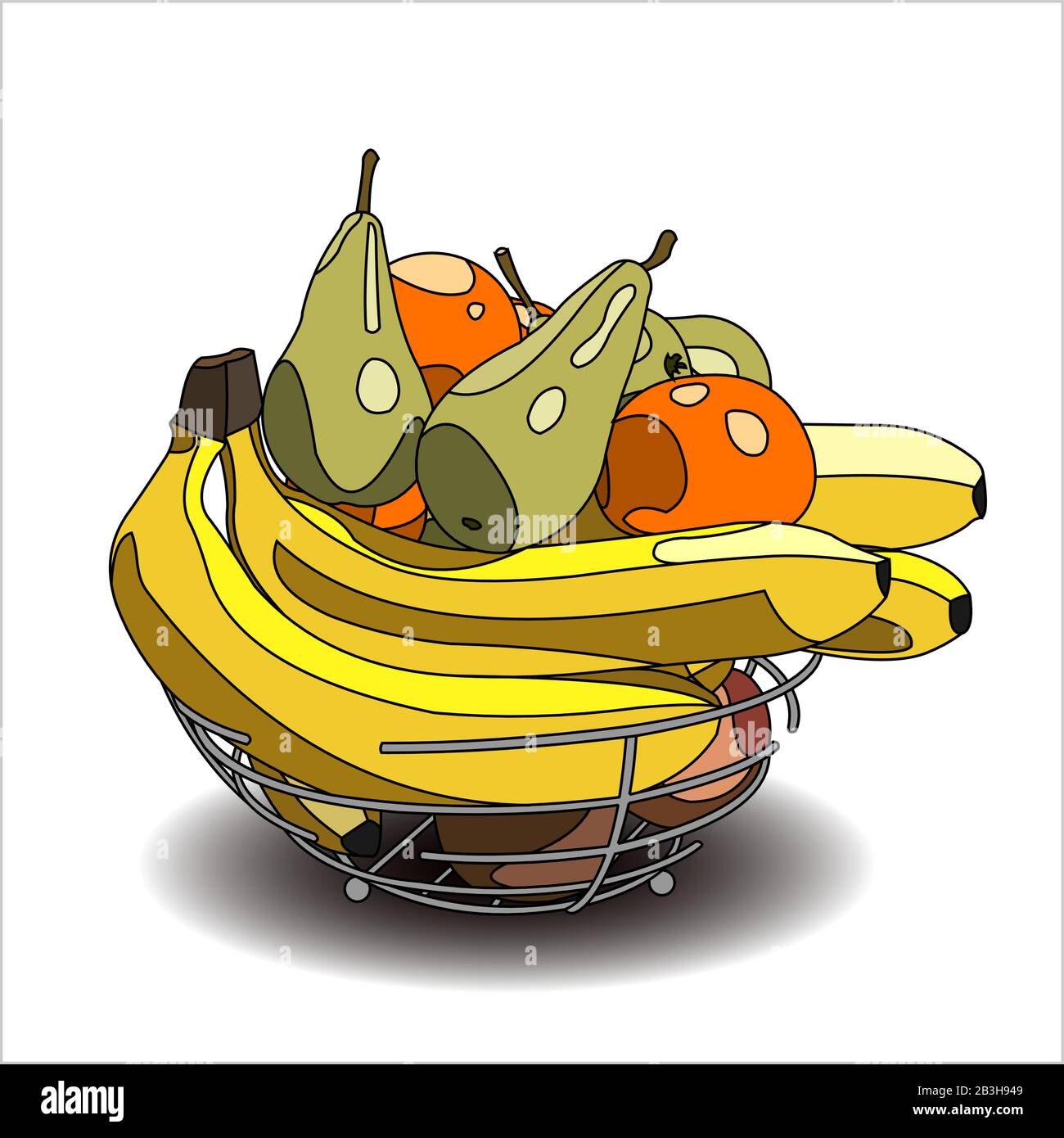 A Bowl of Fruit. A Lot Of Different Fruits. Banana, Pear, Orange, Mandarin, Apple. Vector Image on a white background. Stock Vector