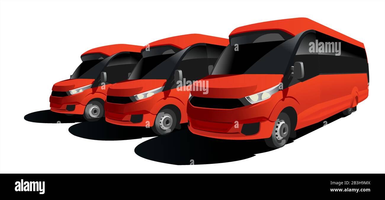 Red Buses to the bus station. Sightseeing, Tourist Buses in the parking lot. Buses for sale. Modern flat Vector illustration on white background. Stock Vector