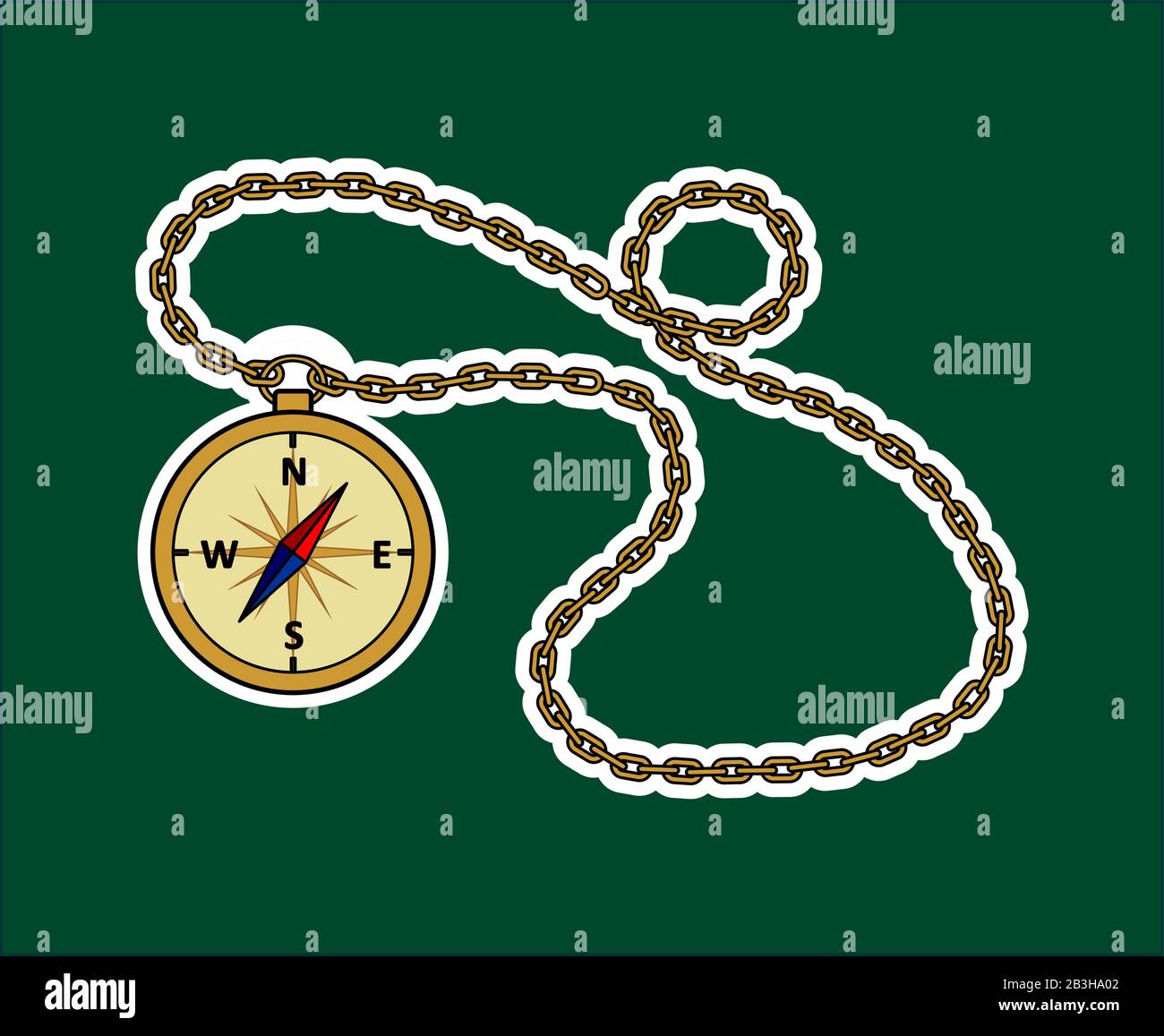 Vector Compass With Chain. Sticker In The Form Of A Vintage Compass On A Chain. Stock Vector