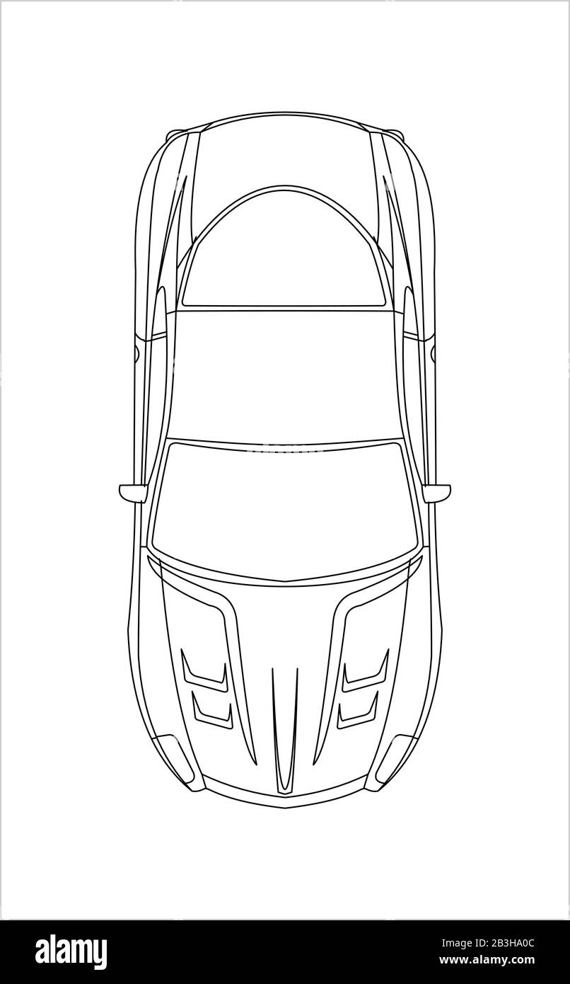 Outline Car Coloring Book for kids and adults. Fast Racing Car, Top view. Modern flat Vector illustration on white background. Stock Vector