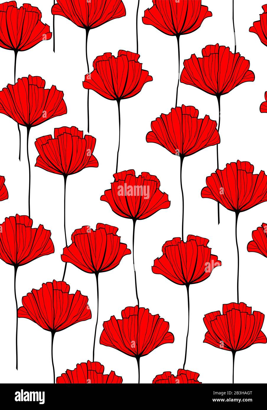 Vector Red Flowers Seamless Pattern. Red Poppy. Modern flat Vector Illustration, Background. Stock Vector