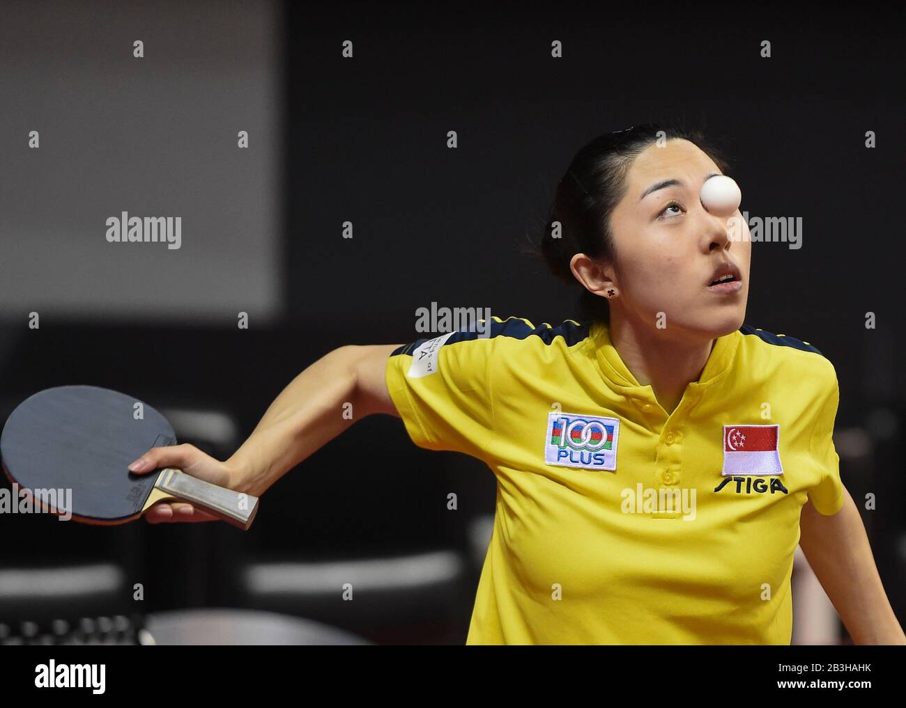 Doha 4th Mar 2019 Yu Mengyu Of Singapore Serves During The Women S Singles Preliminary Third Round Match Between Yu Mengyu Of Singapore And Petrissa Solja Of Germany At 2020 Ittf Qatar Open