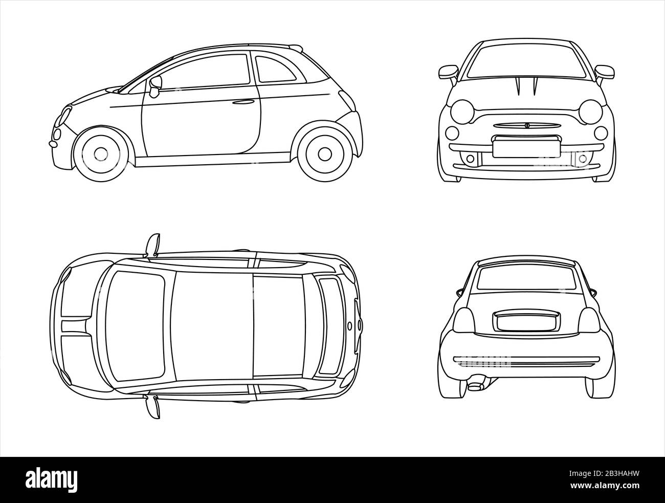 Outline vector car isolated on white background, side view; front view; back view; view from above. Modern flat illustration. Stock Vector