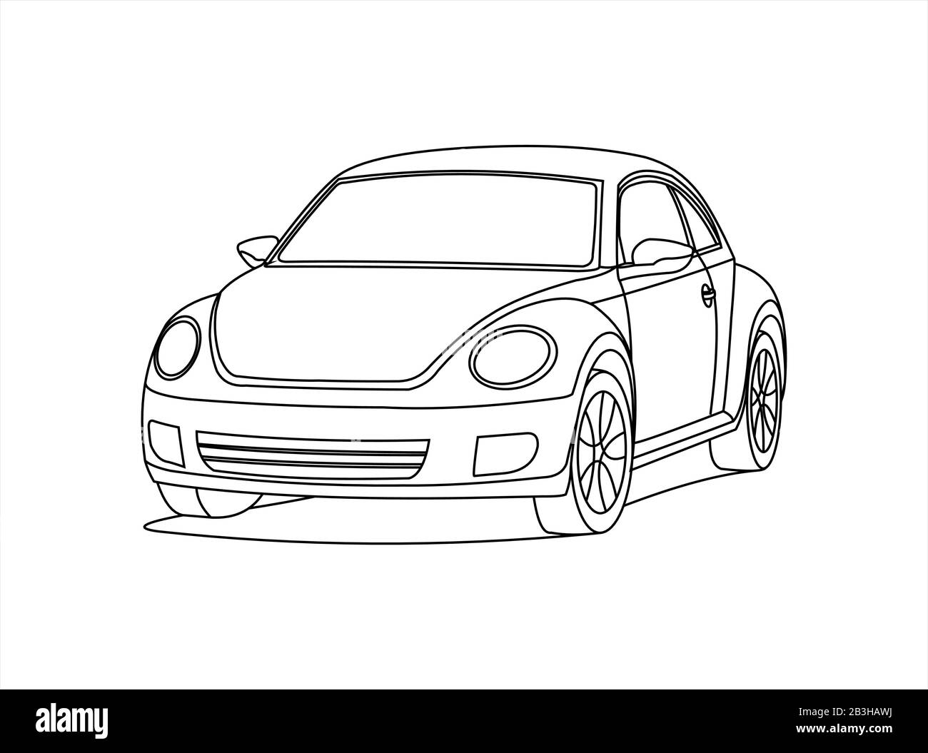 Small Car, Front view, Three quarter view. Contour Image Of A Rounded Car. Compact City Car. Coloring Book Page. Vector Image Isolated On a White Back Stock Vector