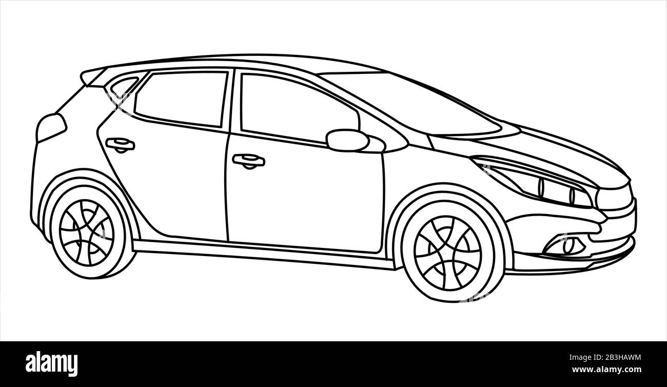 Passenger car, outline, isolated on white background, side view. Modern flat vector illustration. Stock Vector
