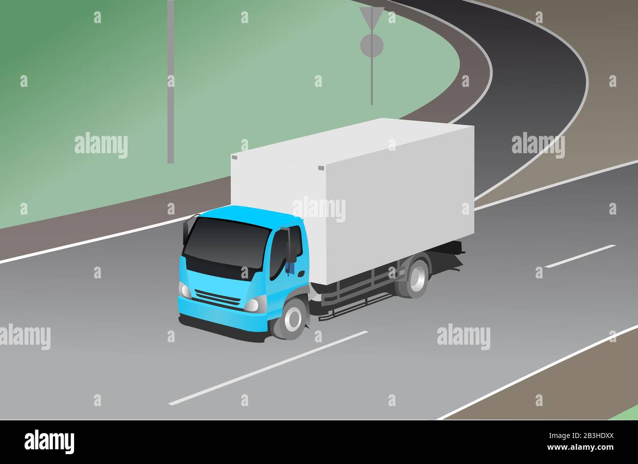 truck, three-quarter view, against the background of the road junction. Freight transportation. Modern flat vector illustration isolated. Stock Vector