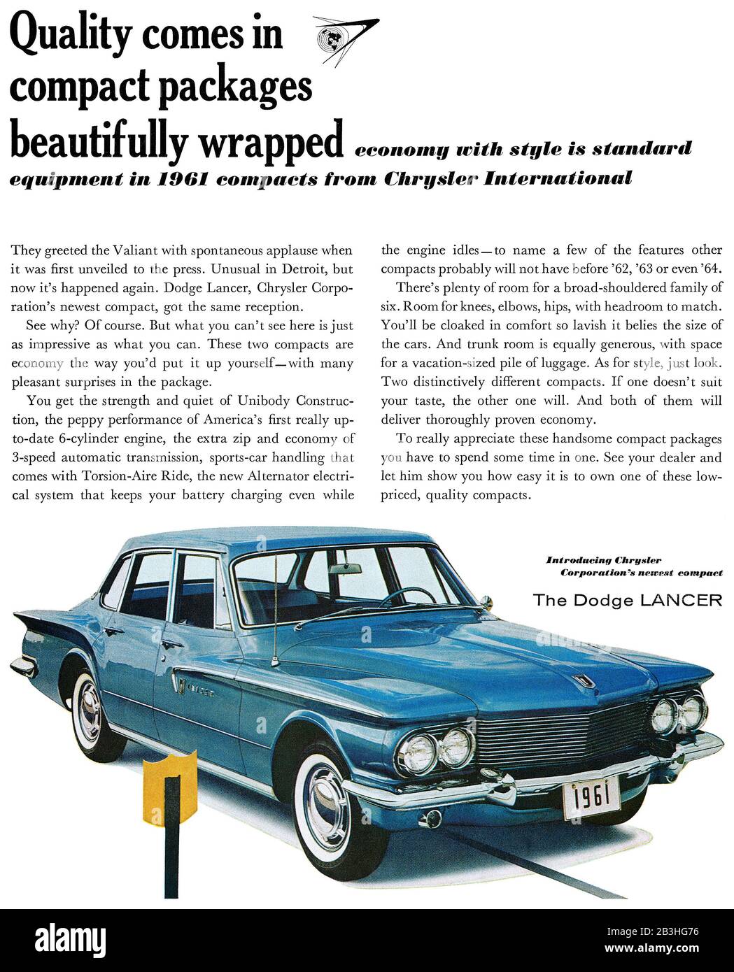 1961 U.S. advertisement for the Dodge Lancer automobile. Stock Photo