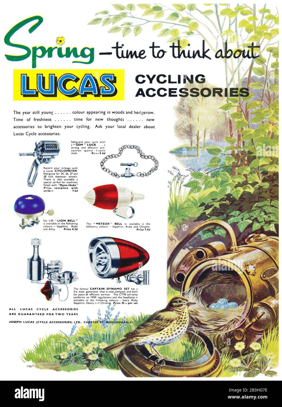 1961 British advertisement for Lucas cycling accessories. Stock Photo
