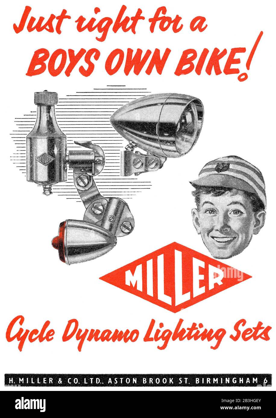 1961 British advertisement for Miller bicycle lights. Stock Photo