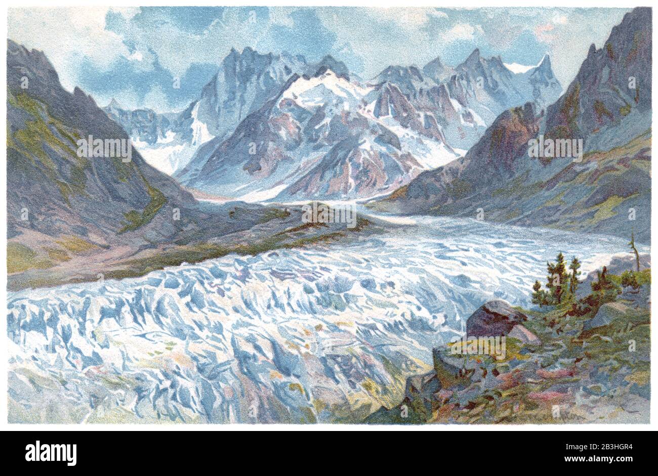 1893 chromolithographic illustration of the Mer De Glace (Sea Of Ice) glacier in the French Alps. The Grandes Jorasses mountain is in the background. Stock Photo
