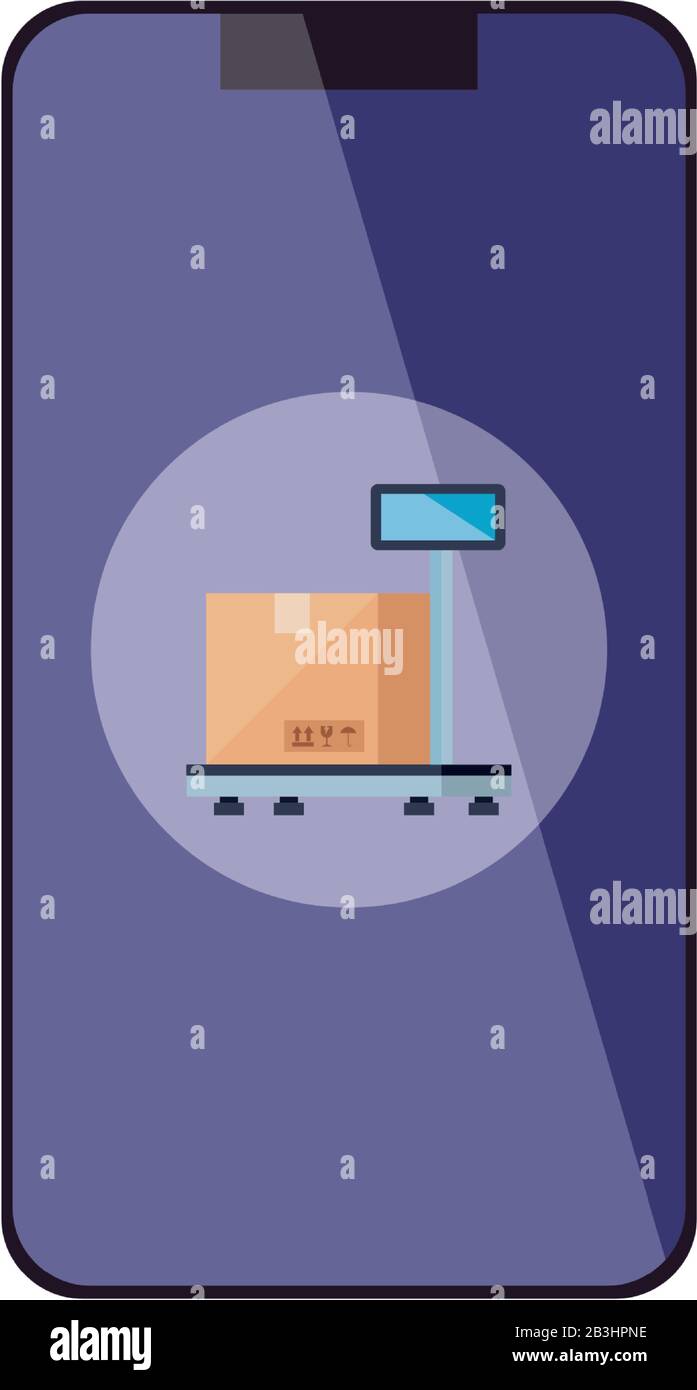 Isolated delivery box over scale inside smartphone vector design Stock ...