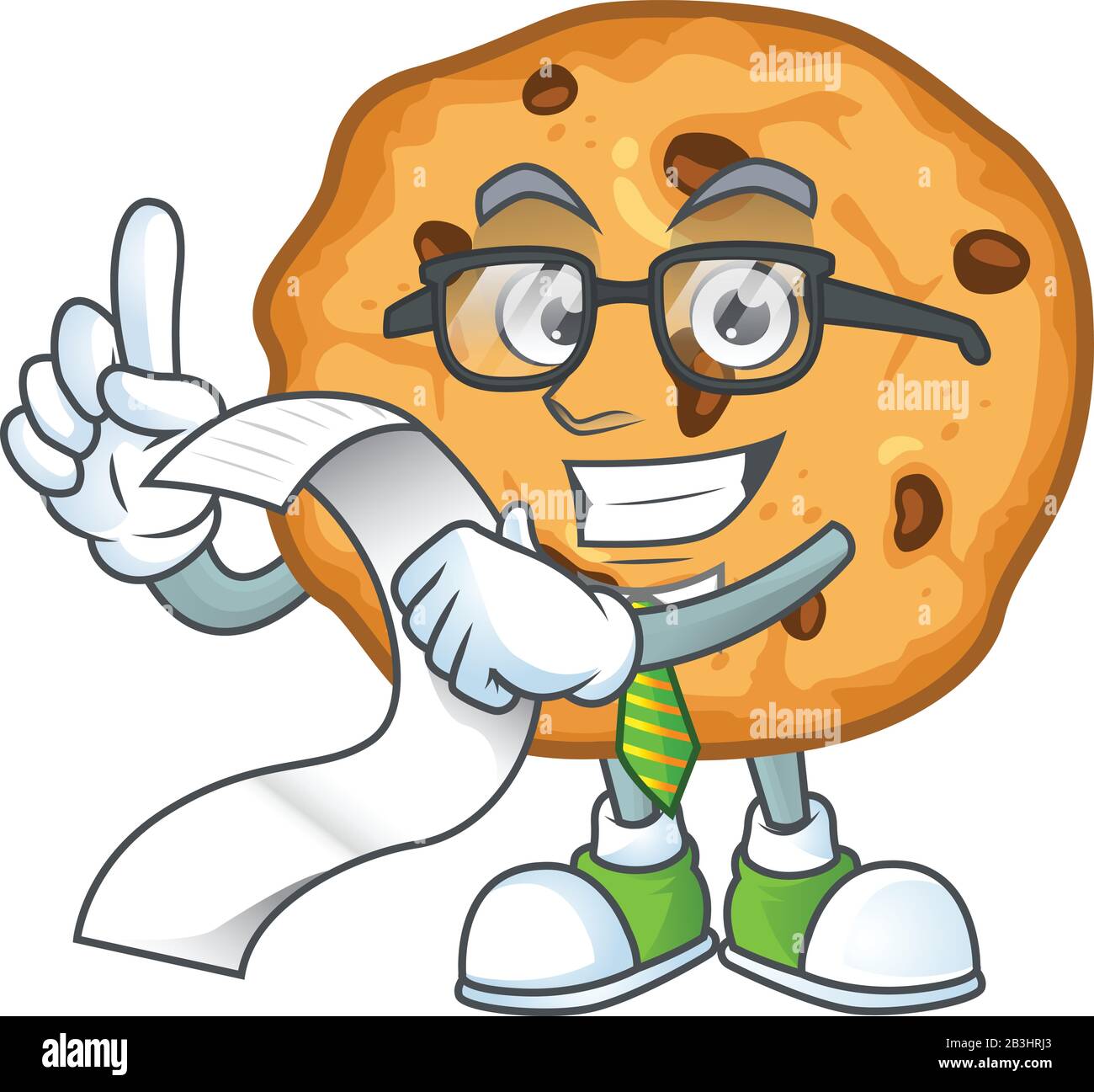 A funny face character of chocolate chips cookies holding a menu Stock