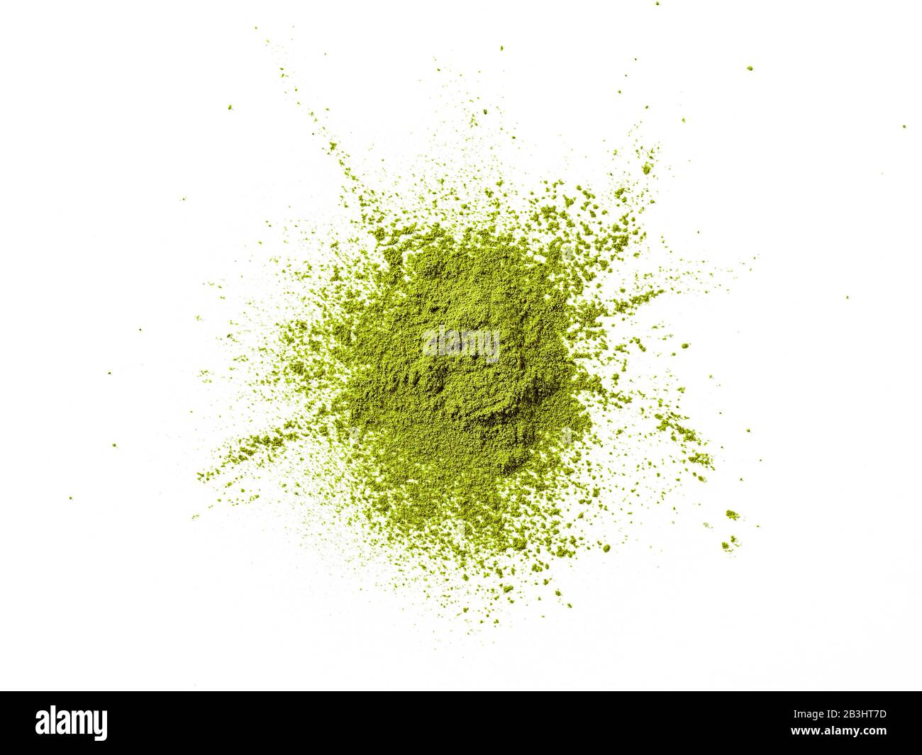 Green matcha tea powder on white background. Powdered maccha tea