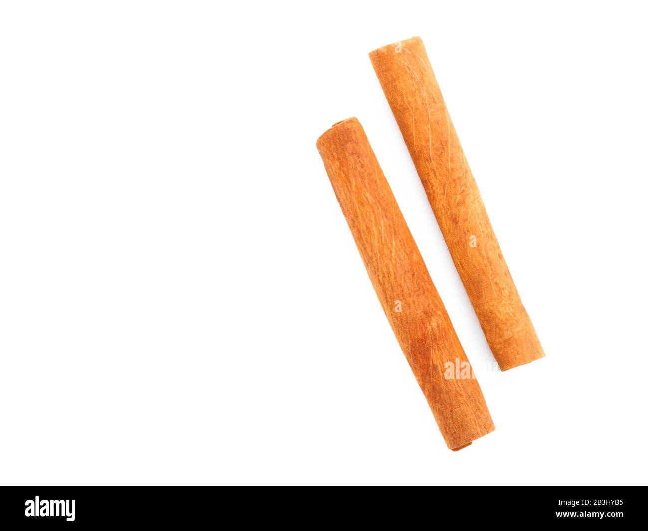 Two sticks of spice cinnamon on white isolated background. Indian