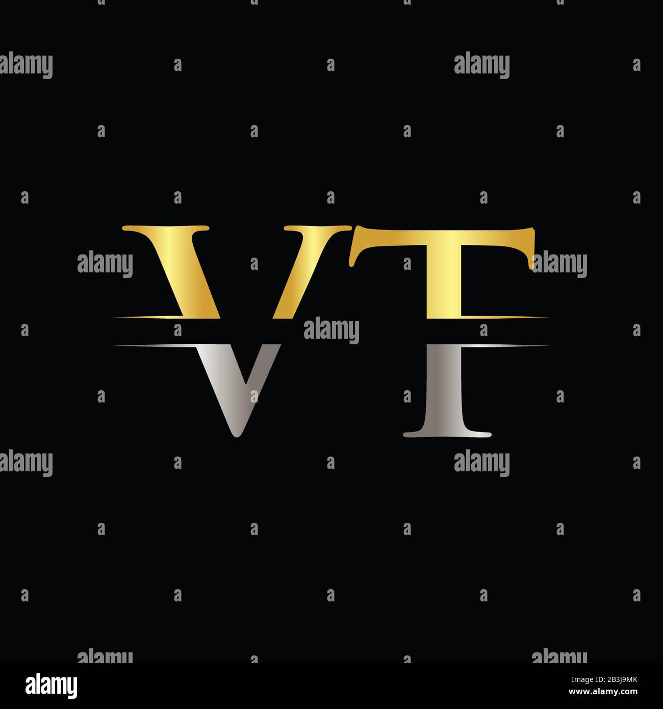 Creative Letter VT Logo Vector Template With gold and Silver Color. VT Logo Design Stock Vector