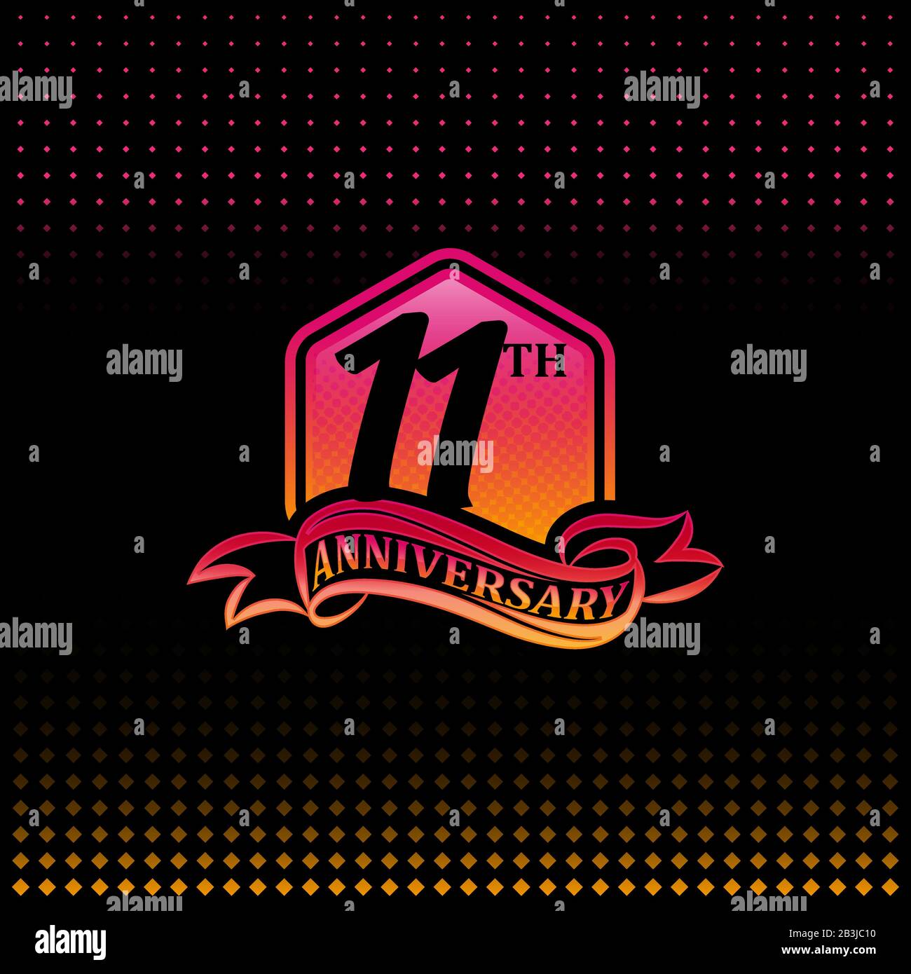 11th anniversary celebration logotype pink and yellow colored. eleven years birthday logo on black background. Stock Vector