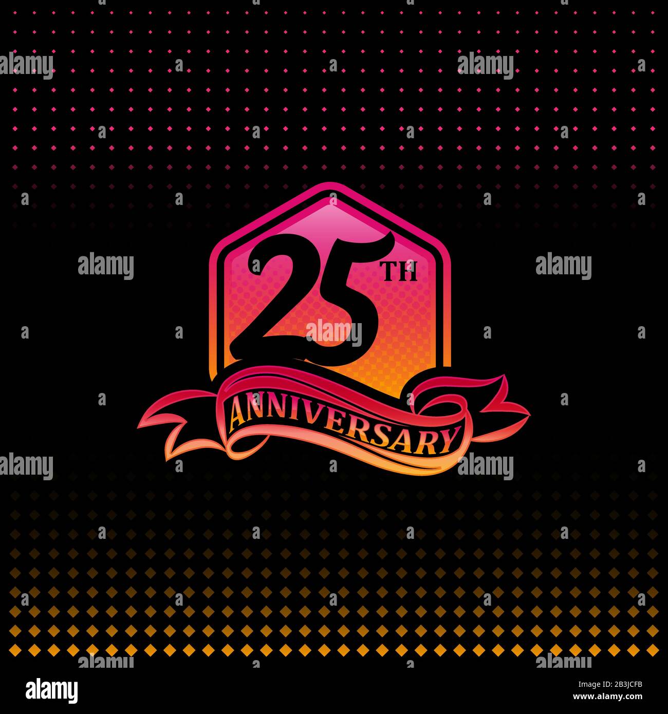 25th anniversary celebration logotype pink and yellow colored.  twenty-five years birthday logo on black background. Stock Vector