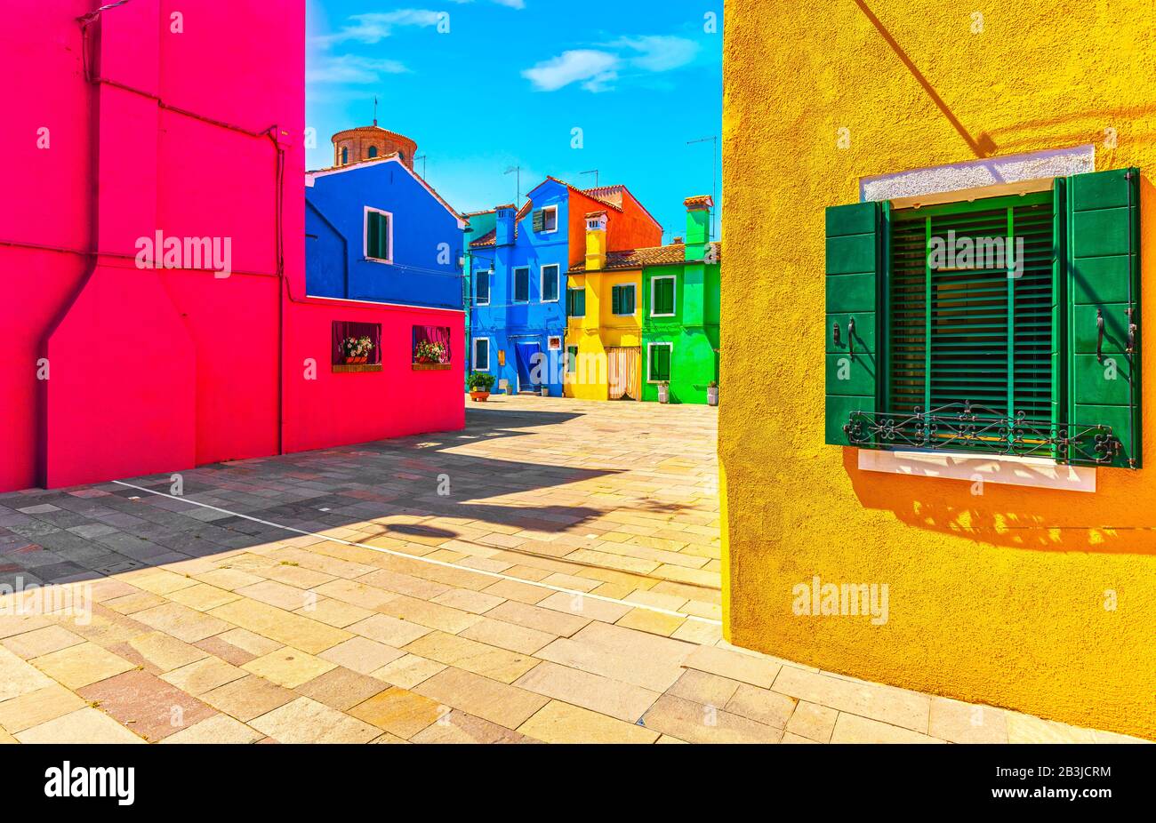 Venice landmark, Burano island square and colorful houses, Italy, Europe. Stock Photo