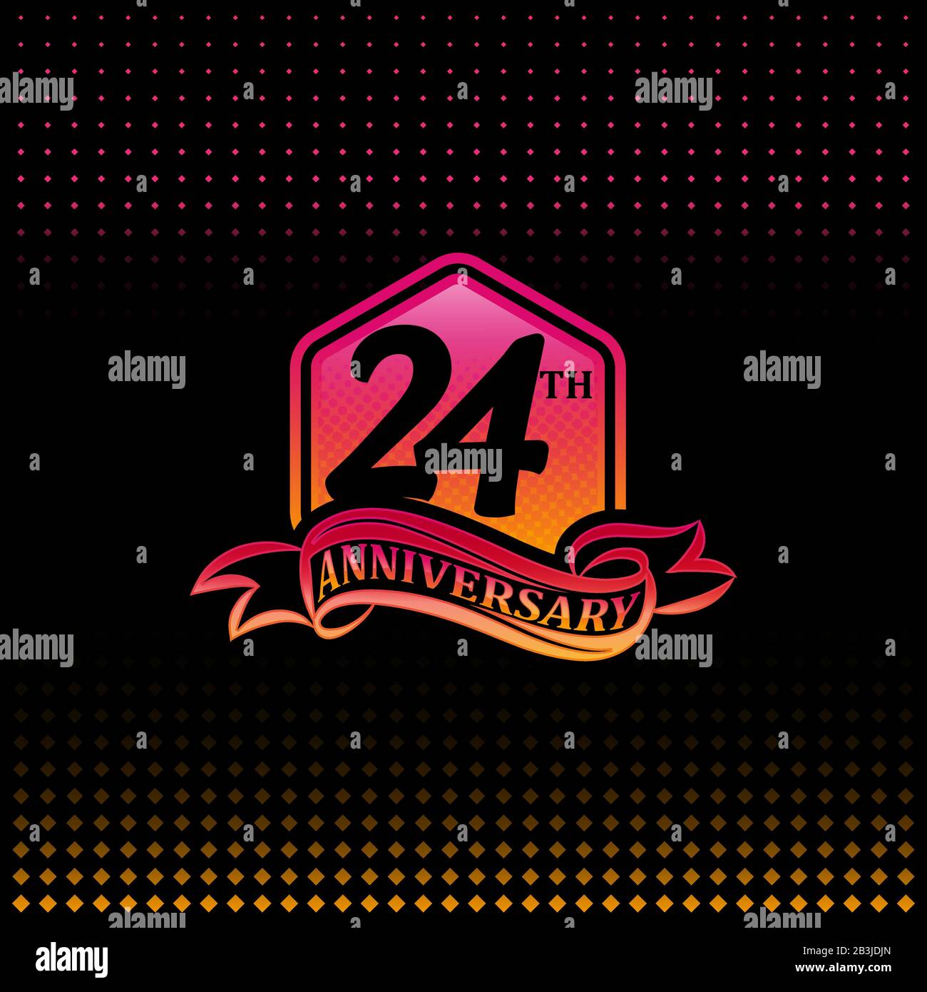 24th anniversary celebration logotype pink and yellow colored.  twenty-four years birthday logo on black background. Stock Vector