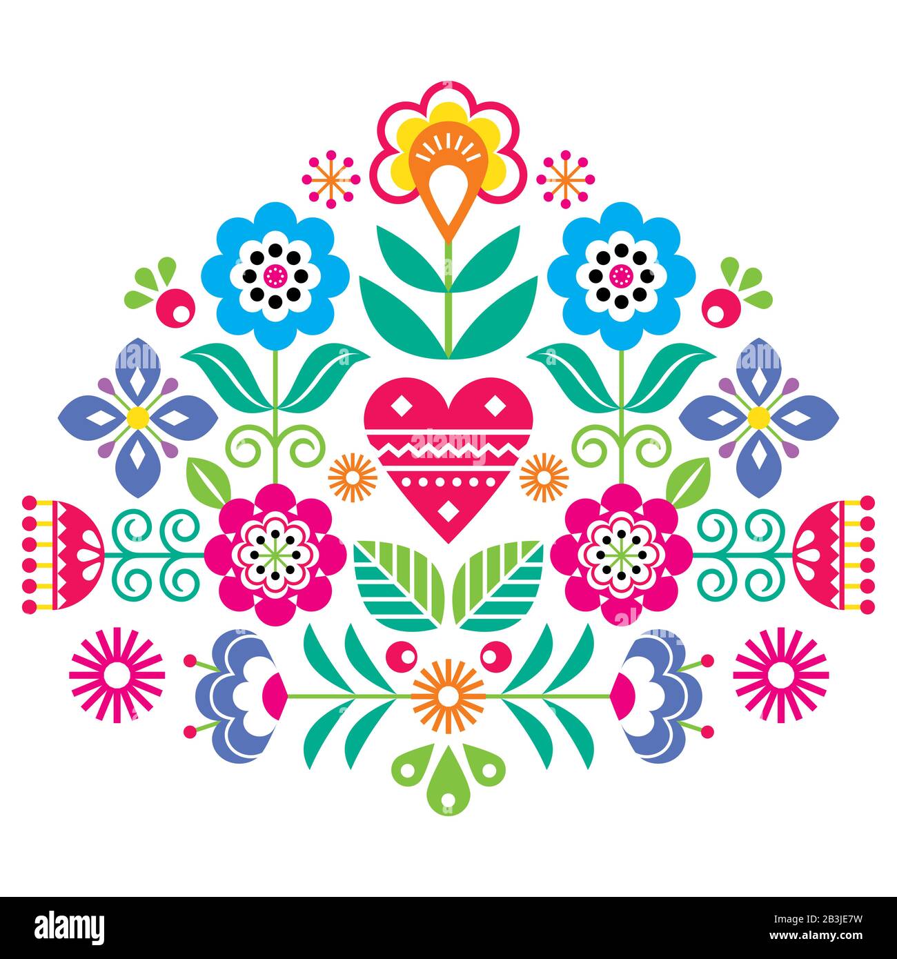 Scandinavian folk flowers vector design, cute spirng floral pattern inspired by traditional embroidery from Sweden, Norway and Denmark Stock Vector