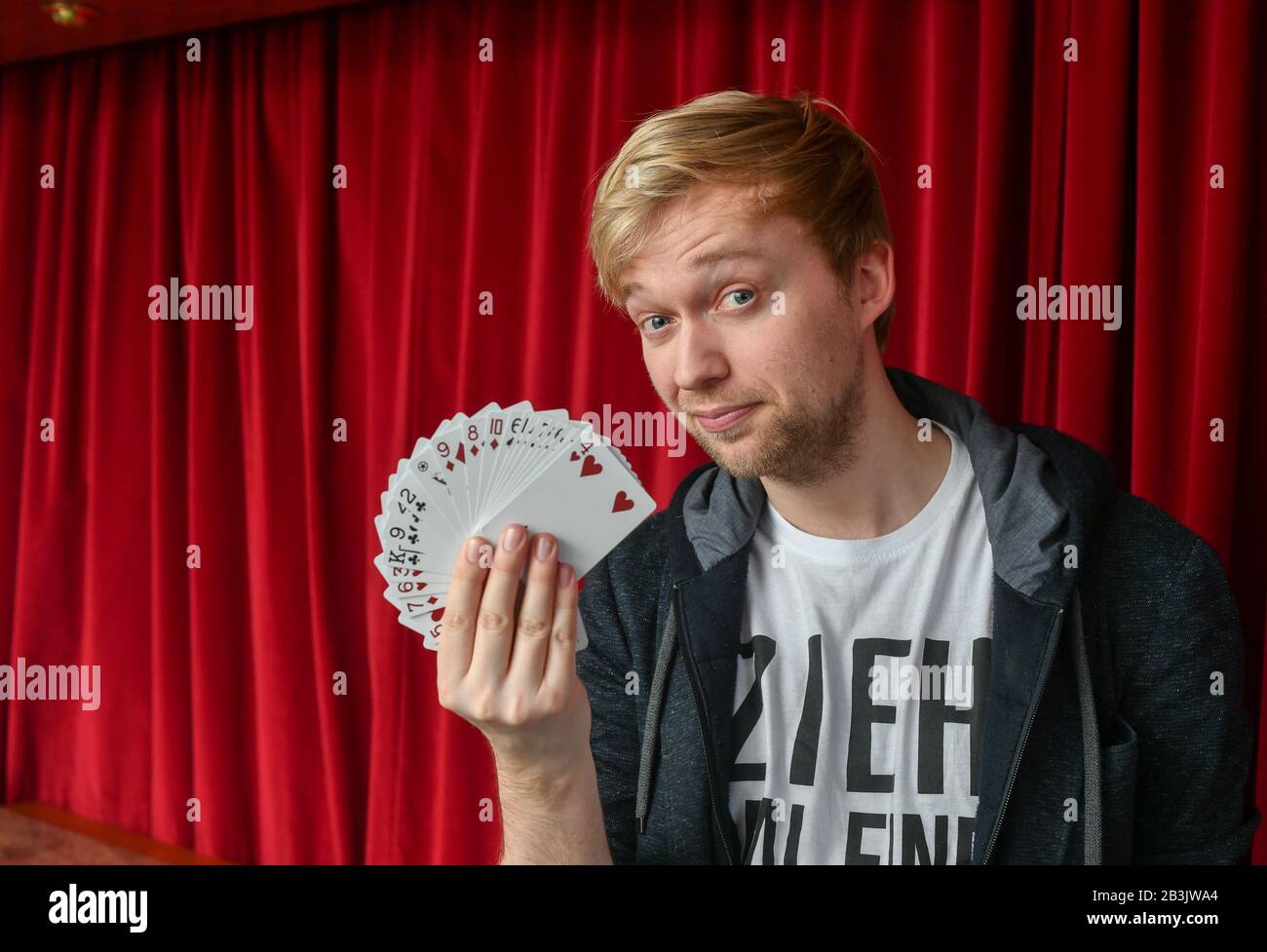 Berlin, Germany. 04th Mar, 2020. Marc Weide, German magician, entertainer and television presenter, at a photo session in the cabaret Wühlmäuse. In 2018 he became 'World Champion of Magic' in the Parlour Magic category. This year, he is touring Germany with his programme 'Can you live on it??? Credit: Jens Kalaene/dpa-Zentralbild/ZB/dpa/Alamy Live News Stock Photo