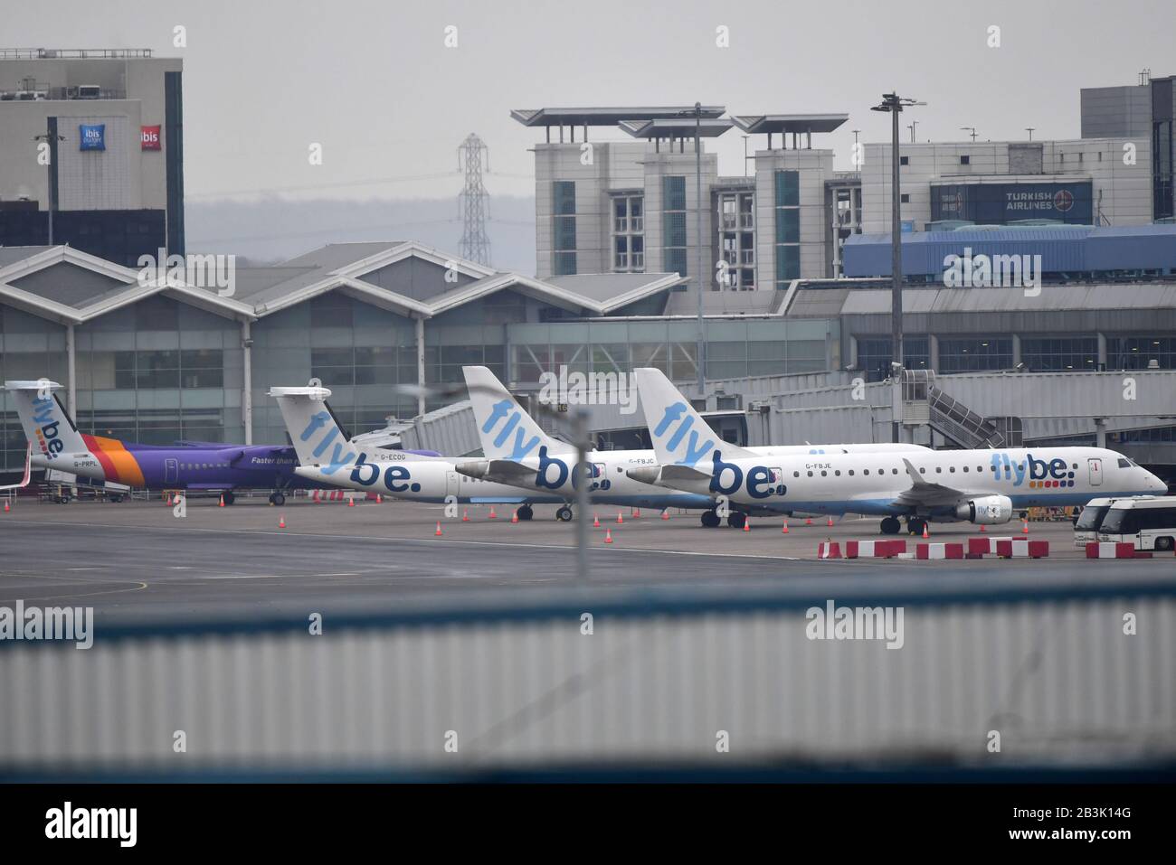 Flybe planes parked up at Birmingham Airport, as Flybe, Europe's biggest regional airline, has collapsed into administration. Stock Photo