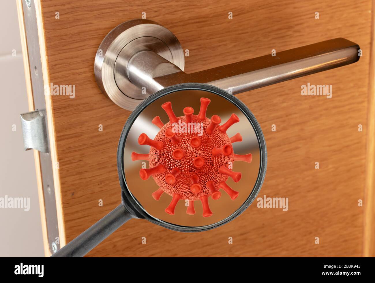 Coronavirus cell on the door handle magnified image. Transmission of the infection medical concept. Stock Photo