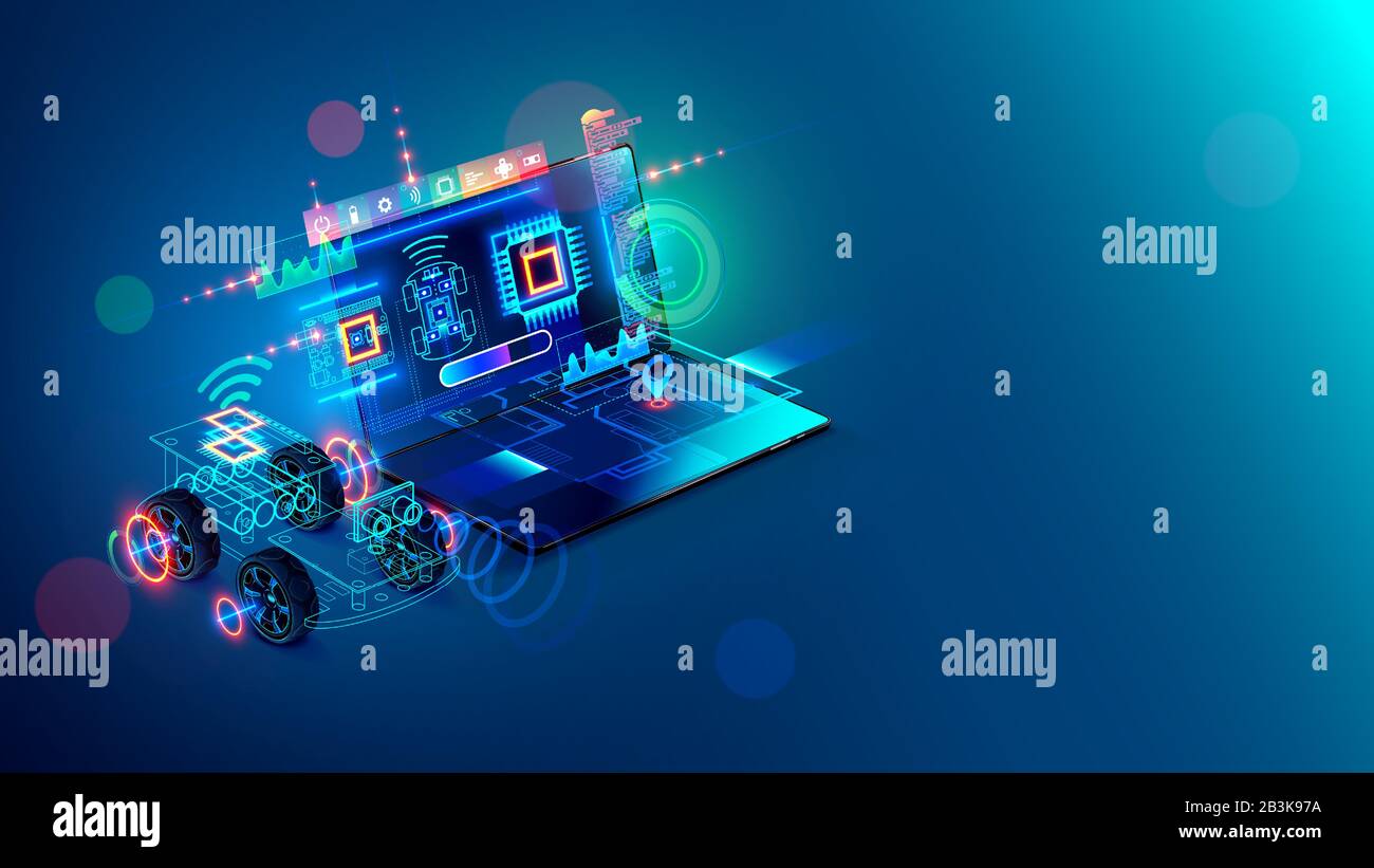 Arduino DIY robot connection with laptop. Programming of microcontroller of electronic toy moving platform with AI. Education teens to engineering Stock Vector