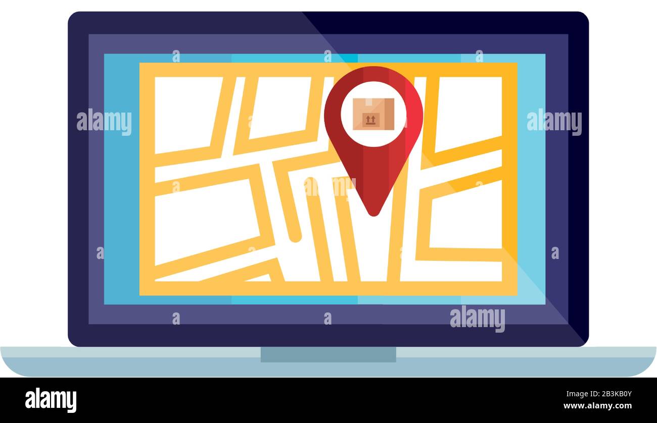 Isolated delivery box inside gps mark and laptop with map vector design ...