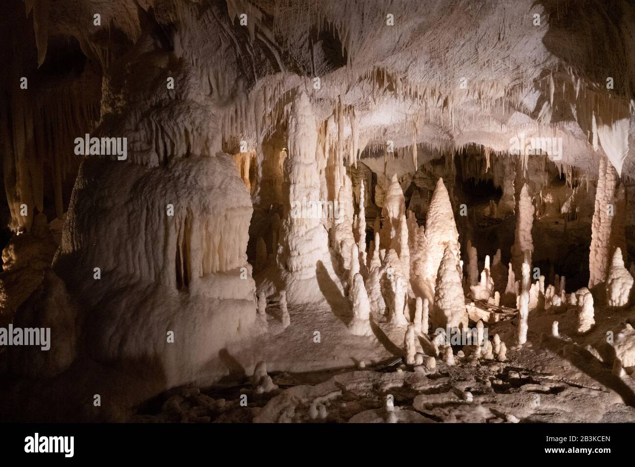 Italy, Marche, Genga, the natural show of Frasassi Caves with sharp stalactites and stalagmites Stock Photo