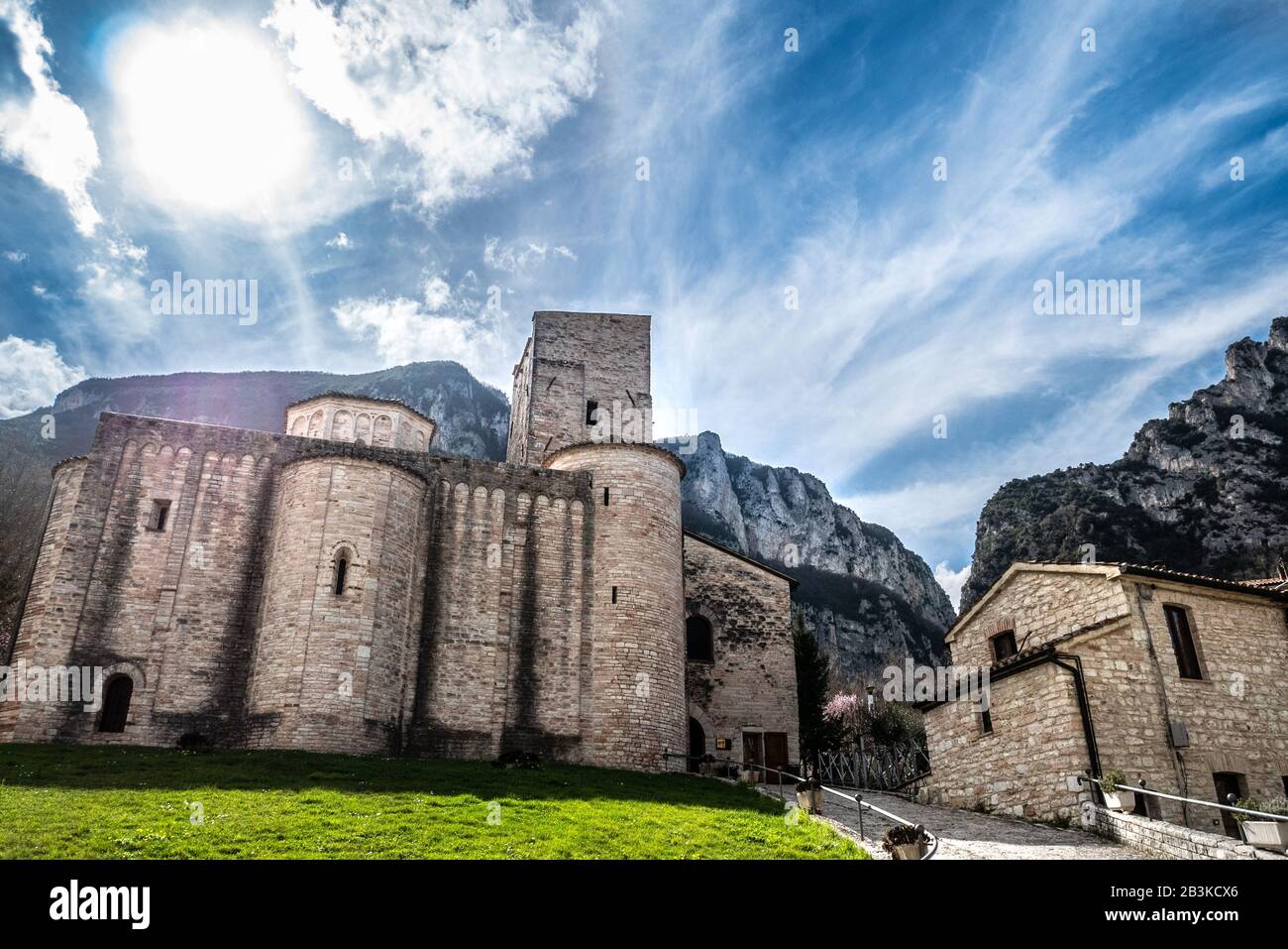 Italy, Marche, Genga, Romanesque abbey of San Vittore in the Monti Sibillini National Park Stock Photo