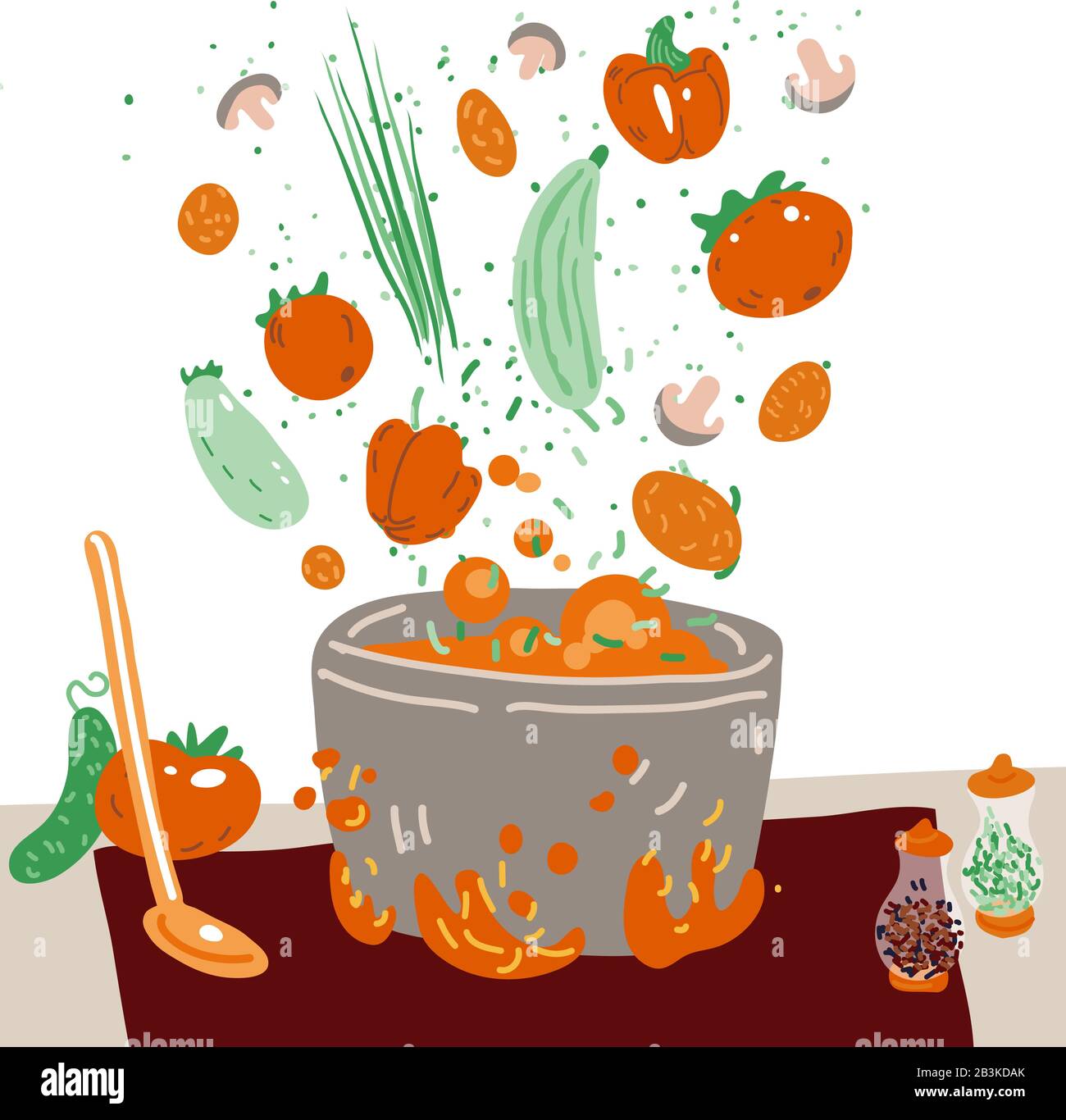 Making vegetarian soup vector concept. Pot with bulbing delicious veg food on a fire and all ingredients around it - vegetables, greenery, seasonings Stock Vector