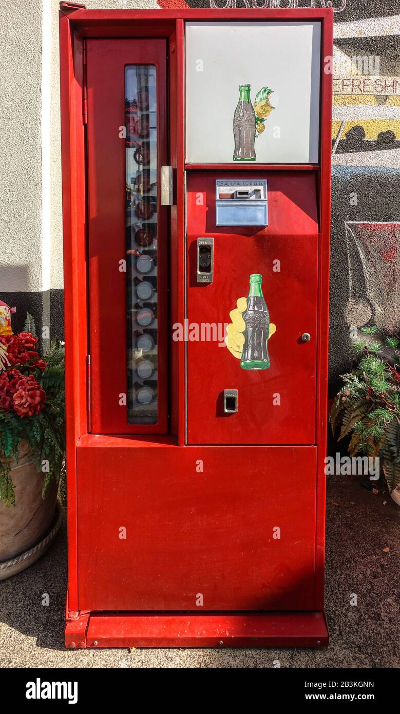 An old Cavalier soft drink dispensing machine in Williams, Arizona Stock Photo
