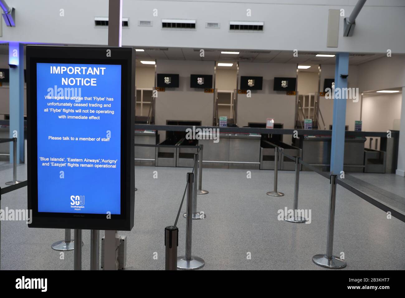 A sign at Southampton Airport notifying customers that Flybe flights will not be operating, as Flybe, Europe's biggest regional airline, has collapsed into administration. Stock Photo